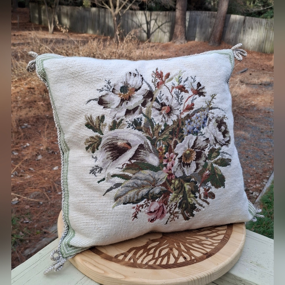 Vintage French Country Hand Stitched Floral Petit Point Wool Cotton Pillow Cover